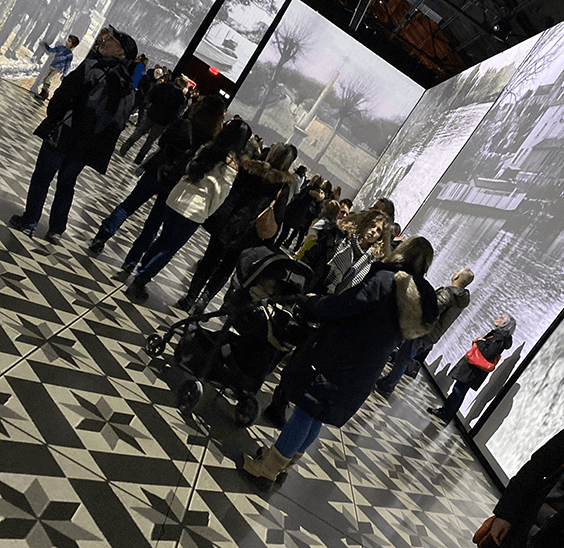 The floor patterns also change with the exhibit to reflect the images being presented during the Imagine Van Gogh.