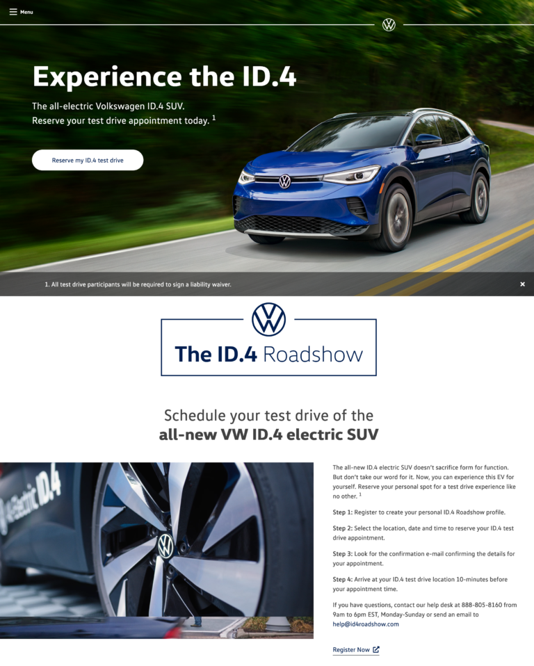 VW ID.4 Roadshow registration page