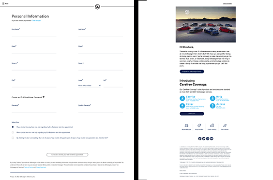 VW ID4 Email registration for VW Test Drive