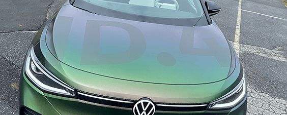 Front of the VW ID.4 with the frosted car wrap lettering
