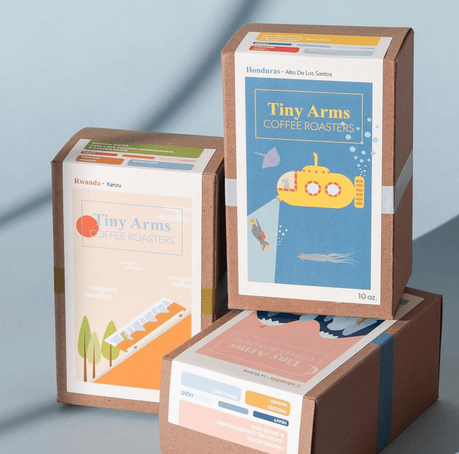 Tiny Arms Coffee original kraft board box with label acting as brand and seal
