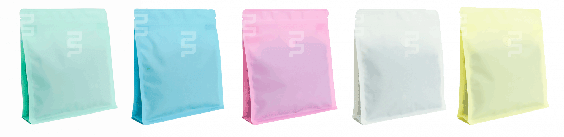 Dutch Coffee Pack's new single use plastic flat bottom packaging in pastel colors.